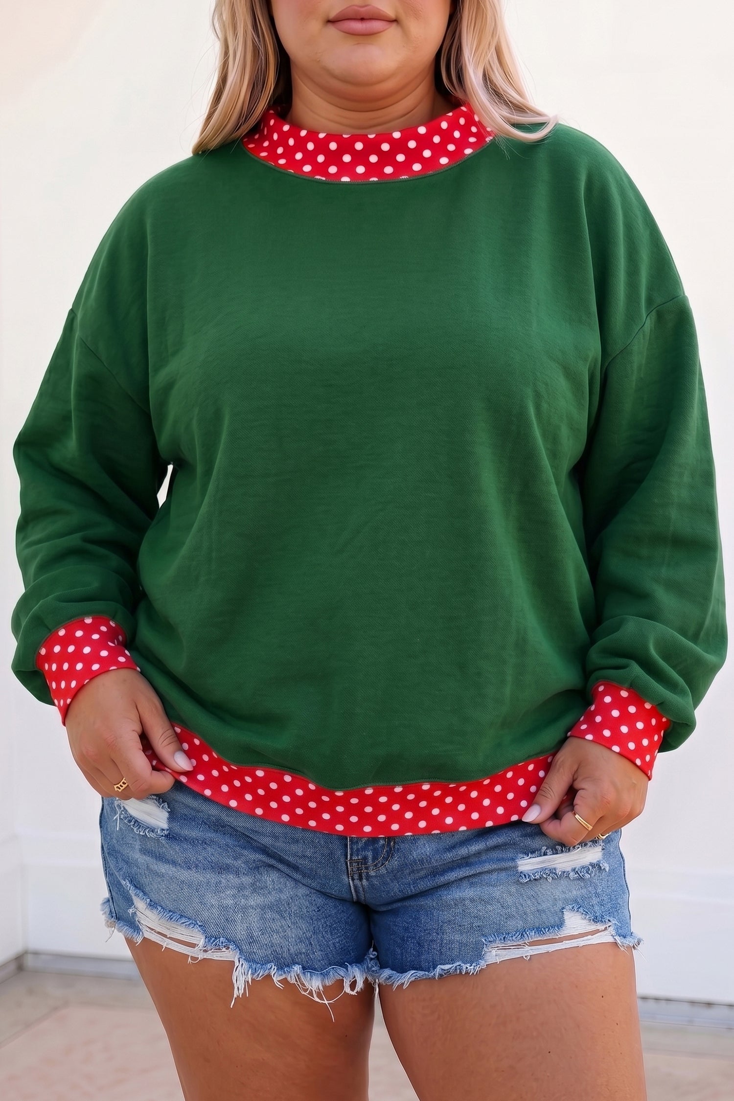 Sweat-shirt grande taille à pois bleu sale à pois patchwork à col rond