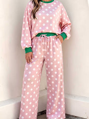 Khaki Polka Dot Contrast Trim Long Sleeve Top Drawstring Shift Pants Set - Miniatuur