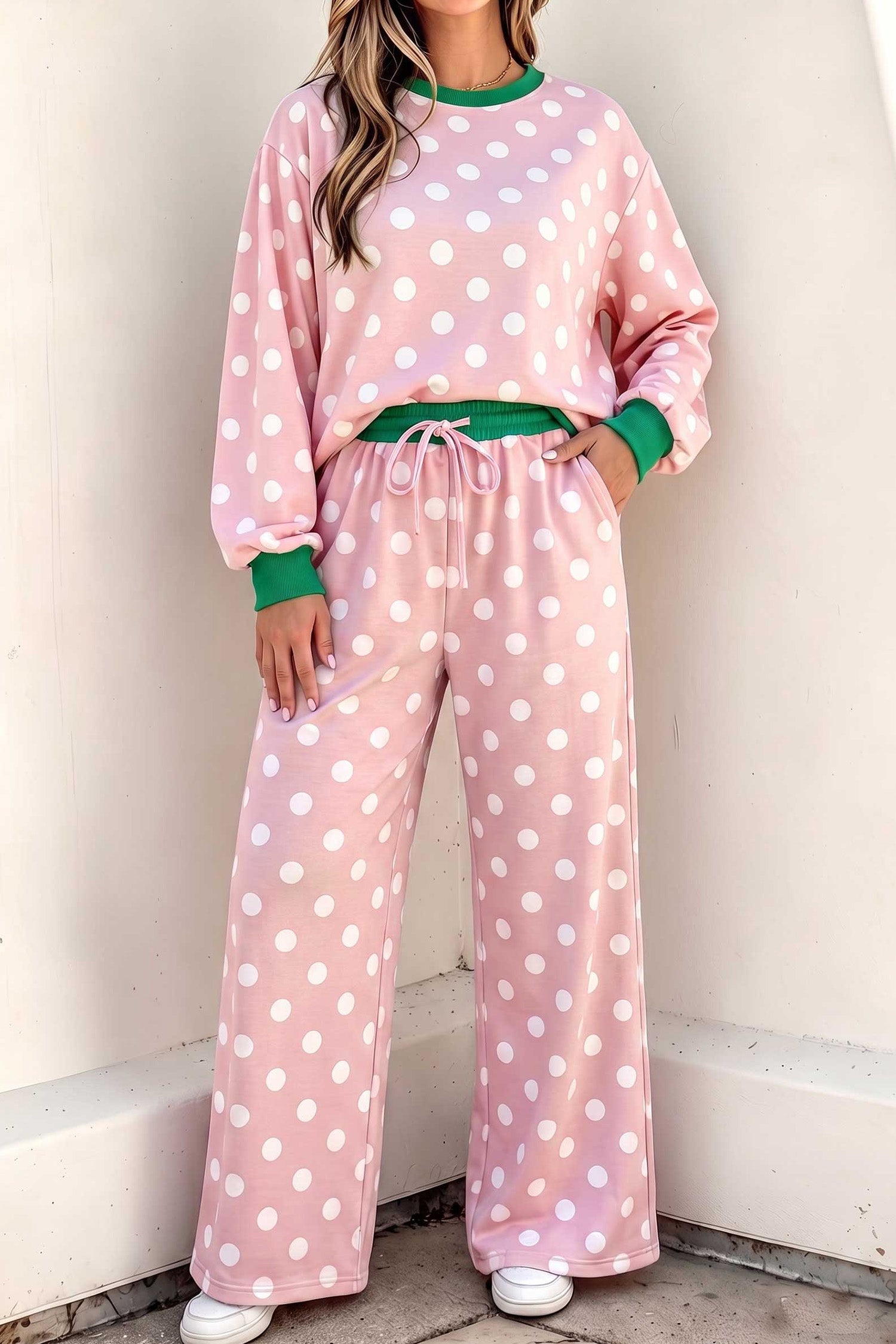 Khaki Polka Dot Contrast Trim Langärmel-Oberteil, Kordelzug-Shift-Hose Set