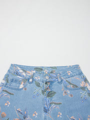 Sky Blue Retro Floral Print Frayed Hem Shift Jeans - Miniatuur
