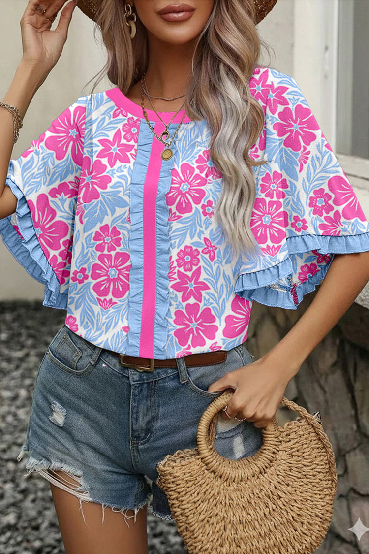 Rosenblütenmuster mit Rüschen und Farbblock-Kanten, halbärmelige Bluse - Damesmode