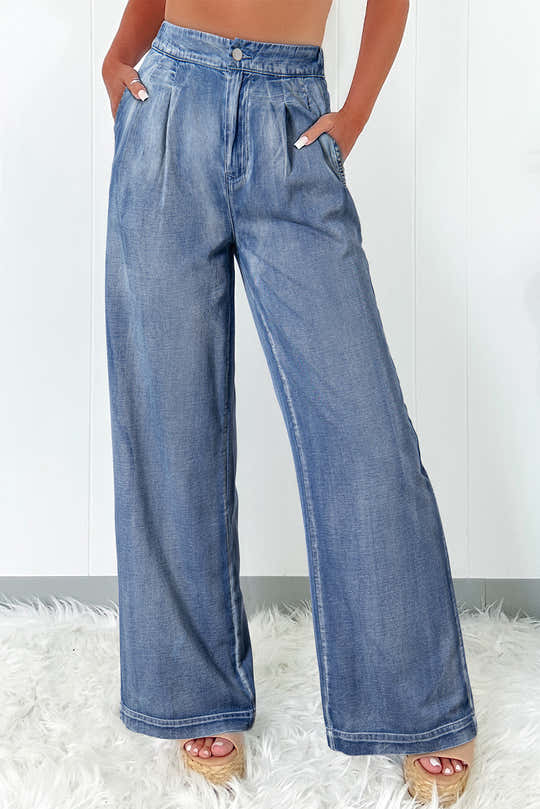 Dusk Blue Acid Wash brede ben, højtaljede jeans
