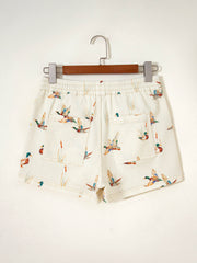 Beige Wild Duck Mallard Printed with Drawstring Denim Shorts - Miniatuur