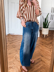 Brown Stripe V Neck Half Sleeve Casual Blouse - Miniatuur