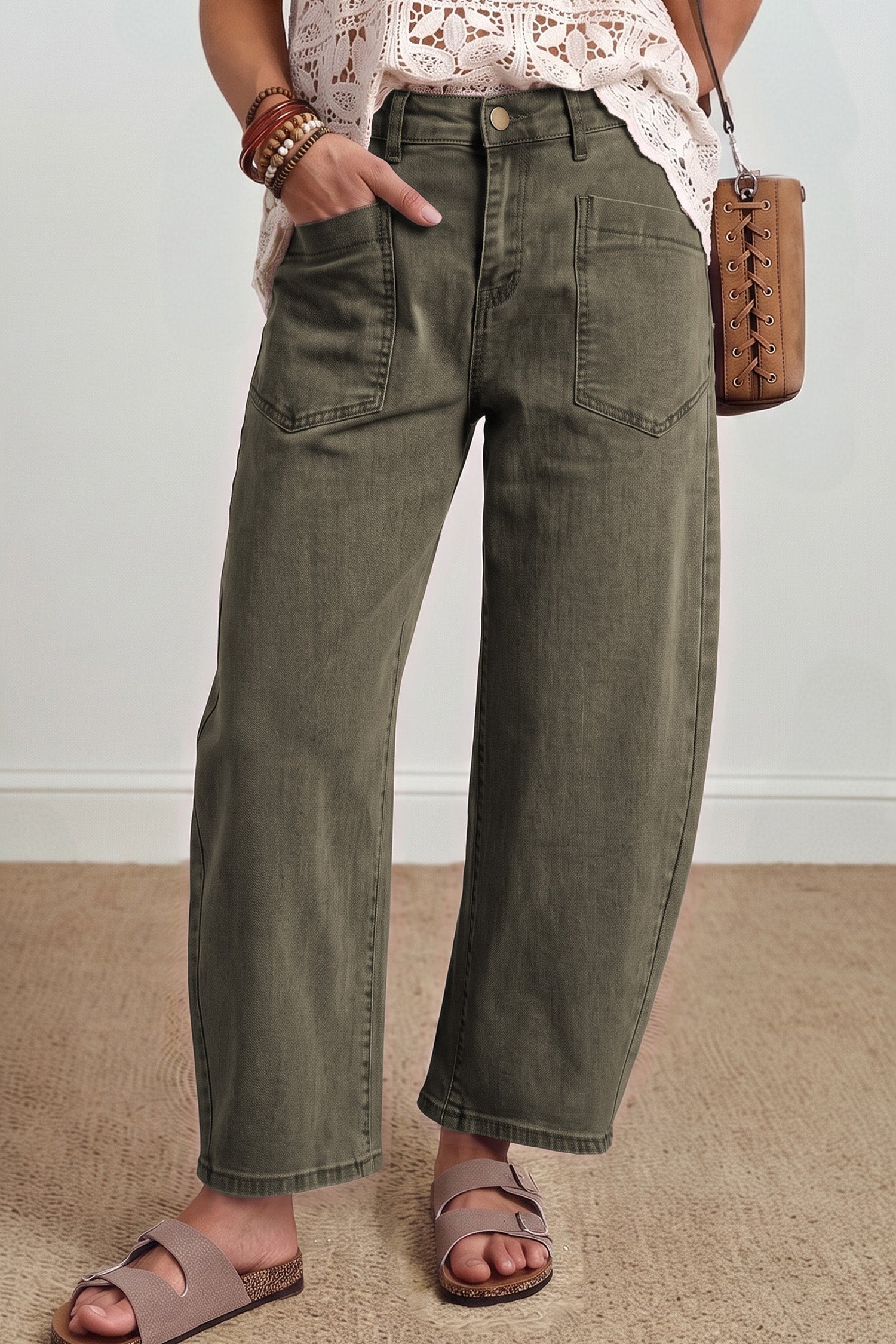 Beau Blue Solid Color Square Patch Pocket Ankle-length Barrel Jeans - Damesmode Afbeelding 7