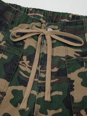 Green Camouflage Print Drawstring Patch Pocket Barrel Jeans - Miniatuur