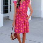 Rose Double Polka Dot V Neck Ruffled Short Sleeve Dress - Thumbnail