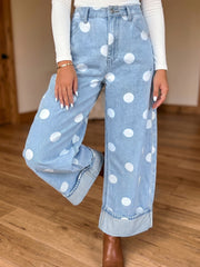 Himmelblaue Polka-Punkte, knöchellange Metall-Knopf-Casual-Jeans - Miniatuur