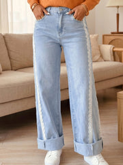 Beau Blue Lace Trim Casual Full-Length Regular Fit Jeans - Women's Fashion Image 3 - Miniatuur