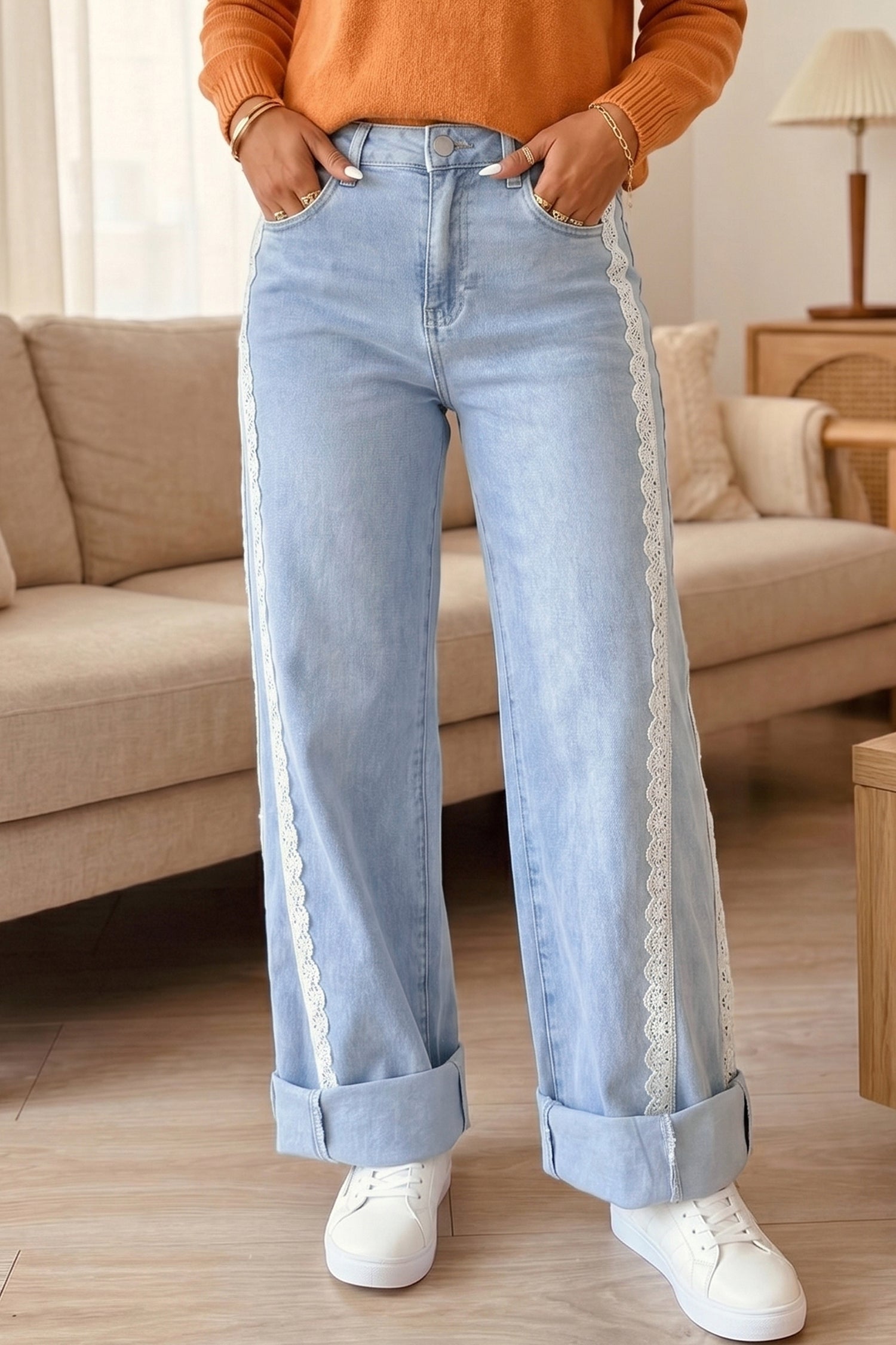 Beau Blue Lace Trim Casual Full-Length Regular Fit Jeans - Damesmode Afbeelding 3