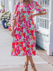 Rose Vibrant Floral Print V Neck Zip Up Puffy Half Sleeve Dress - Miniatuur