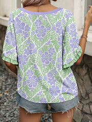 Rose Floral Print Ruffled Color Block Trim Half Sleeve Blouse - Miniatuur
