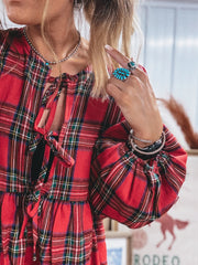 Red Plaid Tie Front Long Sleeve Short Shift Dress - Miniatuur