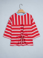 Racing Red Striped Bow Tie Hollowed Back 7/8 Sleeve Casual T-Shirt - Miniatuur