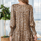 Mini-robe ample ample à manches à volants à manches en V imprimé léopard kaki - Thumbnail