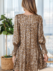 Khaki Leopard Print V Neck Ruffled Sleeve Tiered Loose Mini Dress - Miniatuur