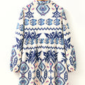 Blue Ethnic Print Striped Split Neck Long Sleeve Flowy Mini Dress - Damesmode Afbeelding 4 - Foto 4