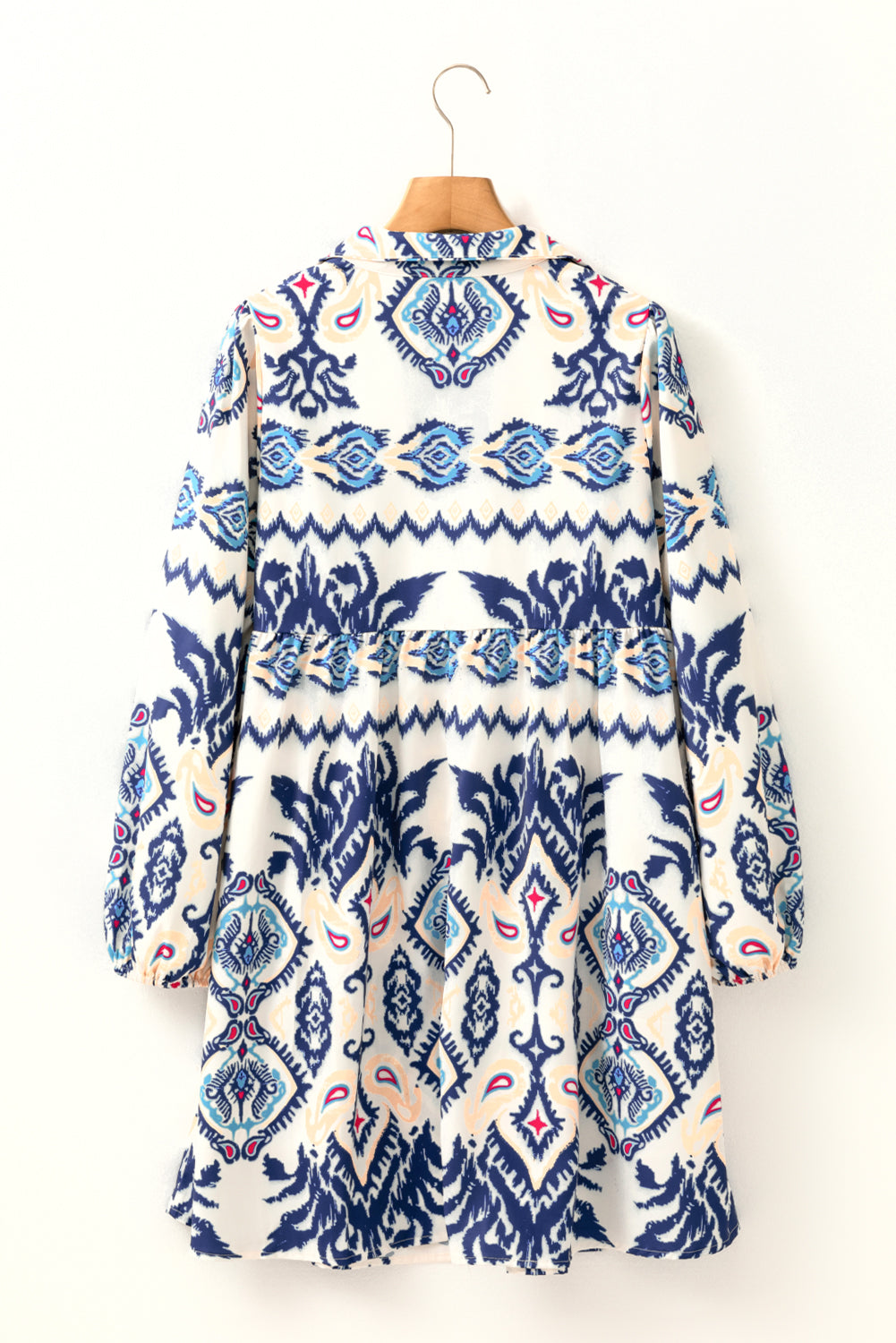 Blue Ethnic Print Striped Split Neck Long Sleeve Flowy Mini Dress - Damesmode Afbeelding 4