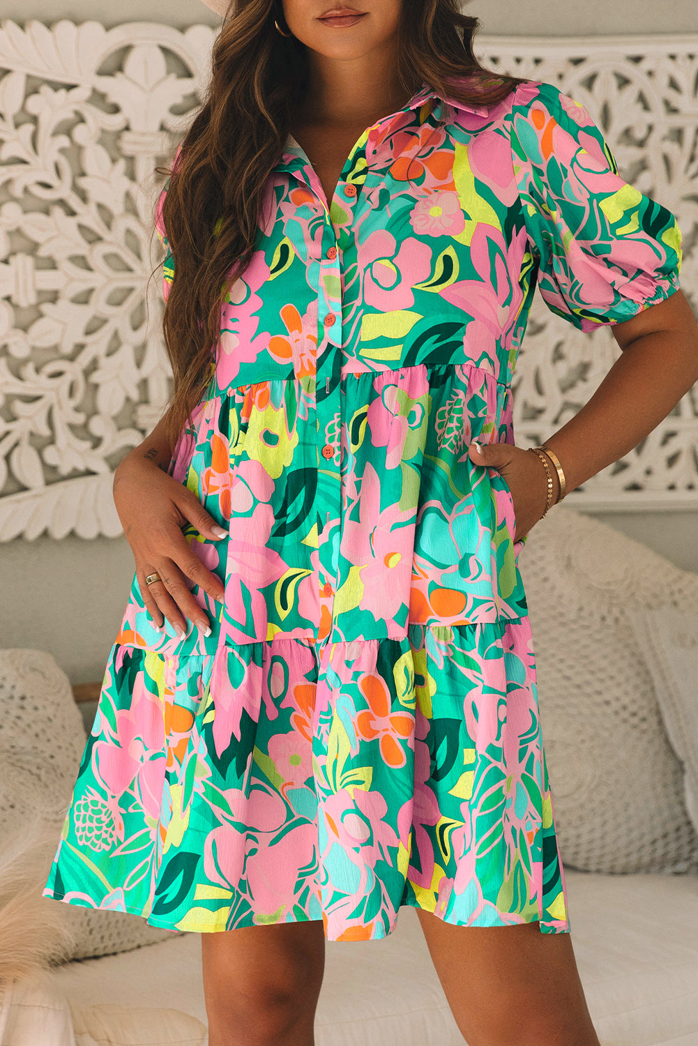 Robe babydoll à manches bouffantes verte à manches bouffantes