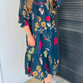 Blue Floral Print Gathered Neckline 7/8 Sleeve Casual Midi Dress - Damesmode Afbeelding 3 - Foto 3