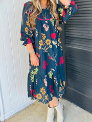 Blue Floral Print Gathered Neckline 7/8 Sleeve Casual Midi Dress - Damesmode Afbeelding 3 - Miniatuur