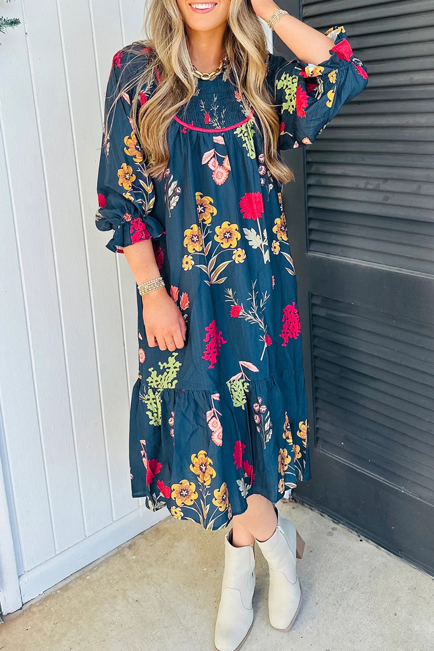 Blue Floral Print Gathered Neckline 7/8 Sleeve Casual Midi Dress - Damesmode Afbeelding 3