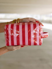 Fiery Red PVC Striped Cosmetic Bag Durable Zipper Handle Travel Organizer - Miniatuur