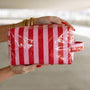 Fiery Red PVC Striped Cosmetic Bag Durable Zipper Handle Travel Organizer