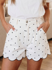 White Polka Dot Print Embroidered Scallop Hem Shorts - Miniatuur