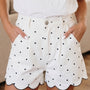 White Polka Dot Print Embroidered Scallop Hem Shorts