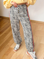Brown Leopard Print Rainbow Striped Detail Buttoned Loose Jogger Jeans - Damesmode Afbeelding 3 - Miniatuur