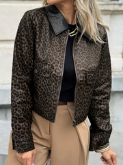 Multicolour Leopard Print Colorblock Collar Metal Placket Jacket - Miniatuur
