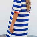 Blue Stripe Contrast Trim Round Neck Short Puff Sleeve Shift Mini Dress - Damesmode Afbeelding 2 - Foto 2