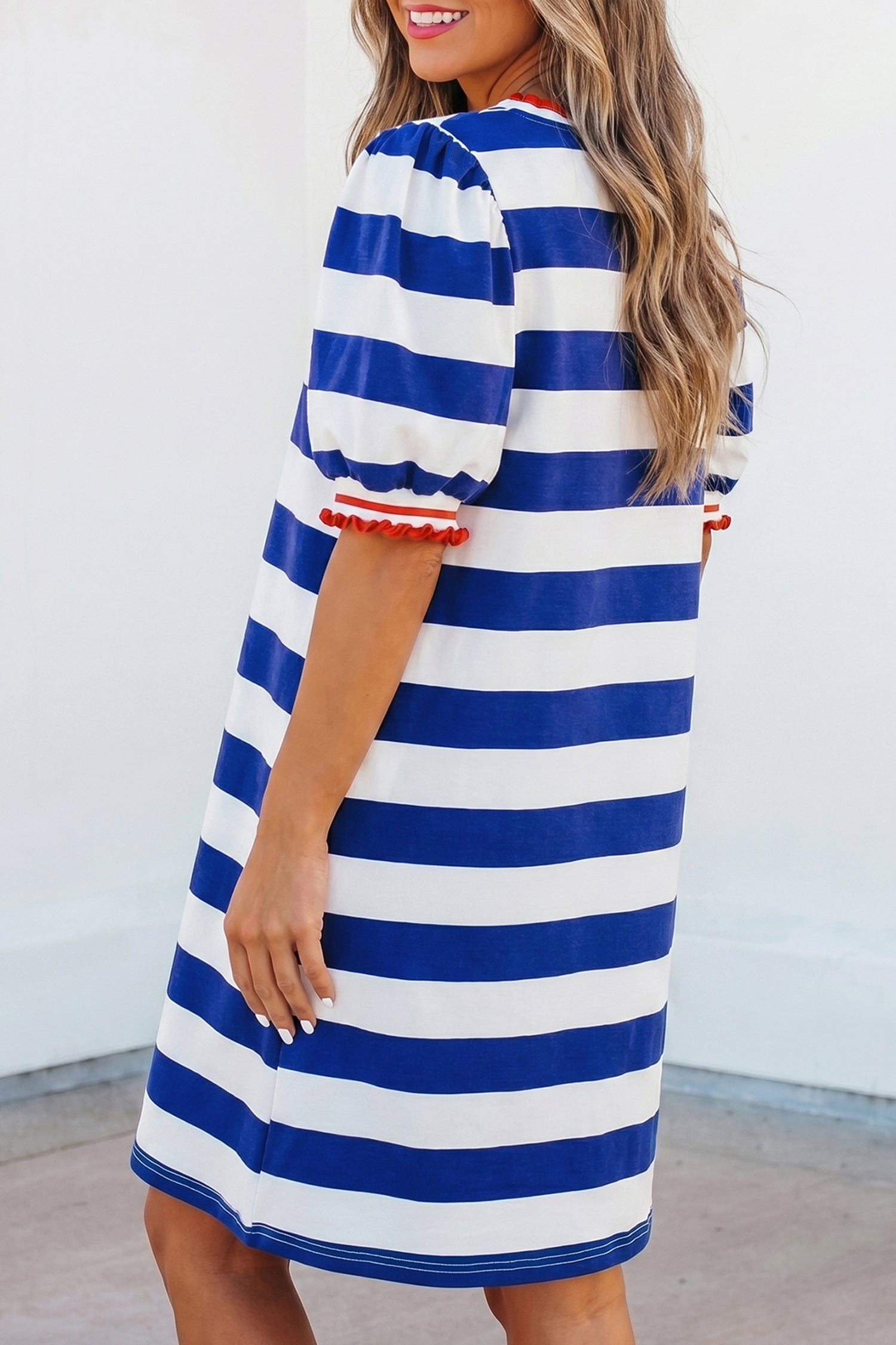 Blue Stripe Contrast Trim Round Neck Short Puff Sleeve Shift Mini Dress - Damesmode Afbeelding 2