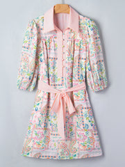 Pink Boho Floral Print Color Block Trim Half Button Belted Mini Dress - Miniatuur