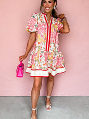 Pink Color Block Floral Print Contrast Trim V Neck Ruffle Hem Mini Dress - Miniatuur