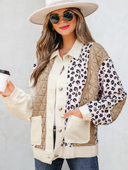 Khaki Leopard Waffle Quilted Patchwork Button Front Jacket - Miniatuur