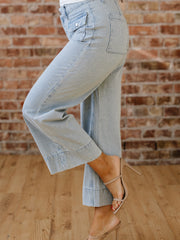 Sky Blue Stripe Button Flap Pocket Cuffed Hem Wide Leg Jeans - Miniatuur