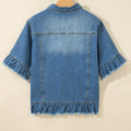 Blue Ruffle Hem Raw Edge Half Sleeve Western Denim Jacket - Damesmode Afbeelding 5 - Foto 5