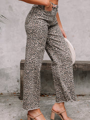 Brown Leopard Frayed Edge Wide Leg High Waist Jeans - Damesmode Afbeelding 3 - Miniatuur