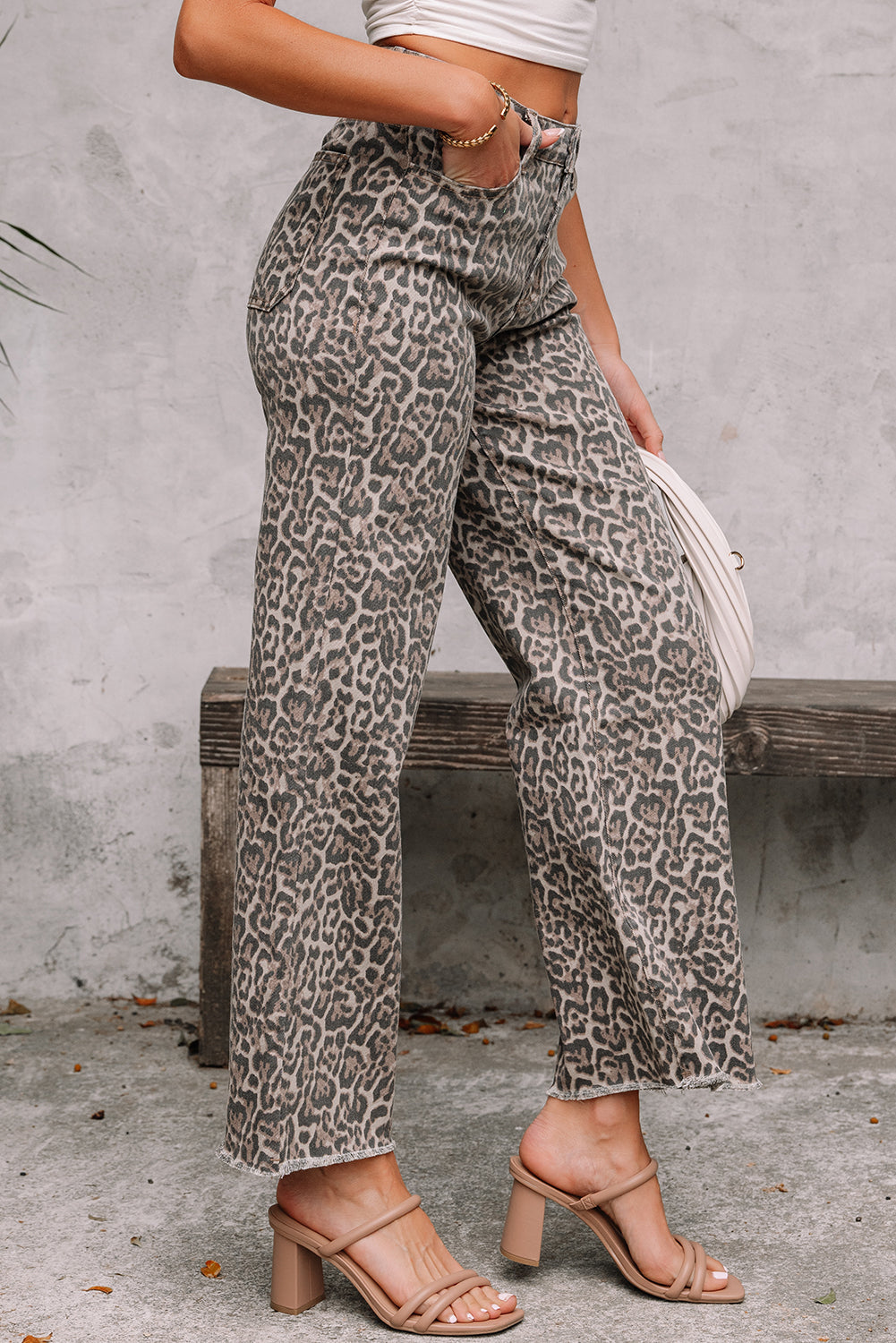 Brown Leopard Frayed Edge Wide Leg High Waist Jeans - Damesmode Afbeelding 3