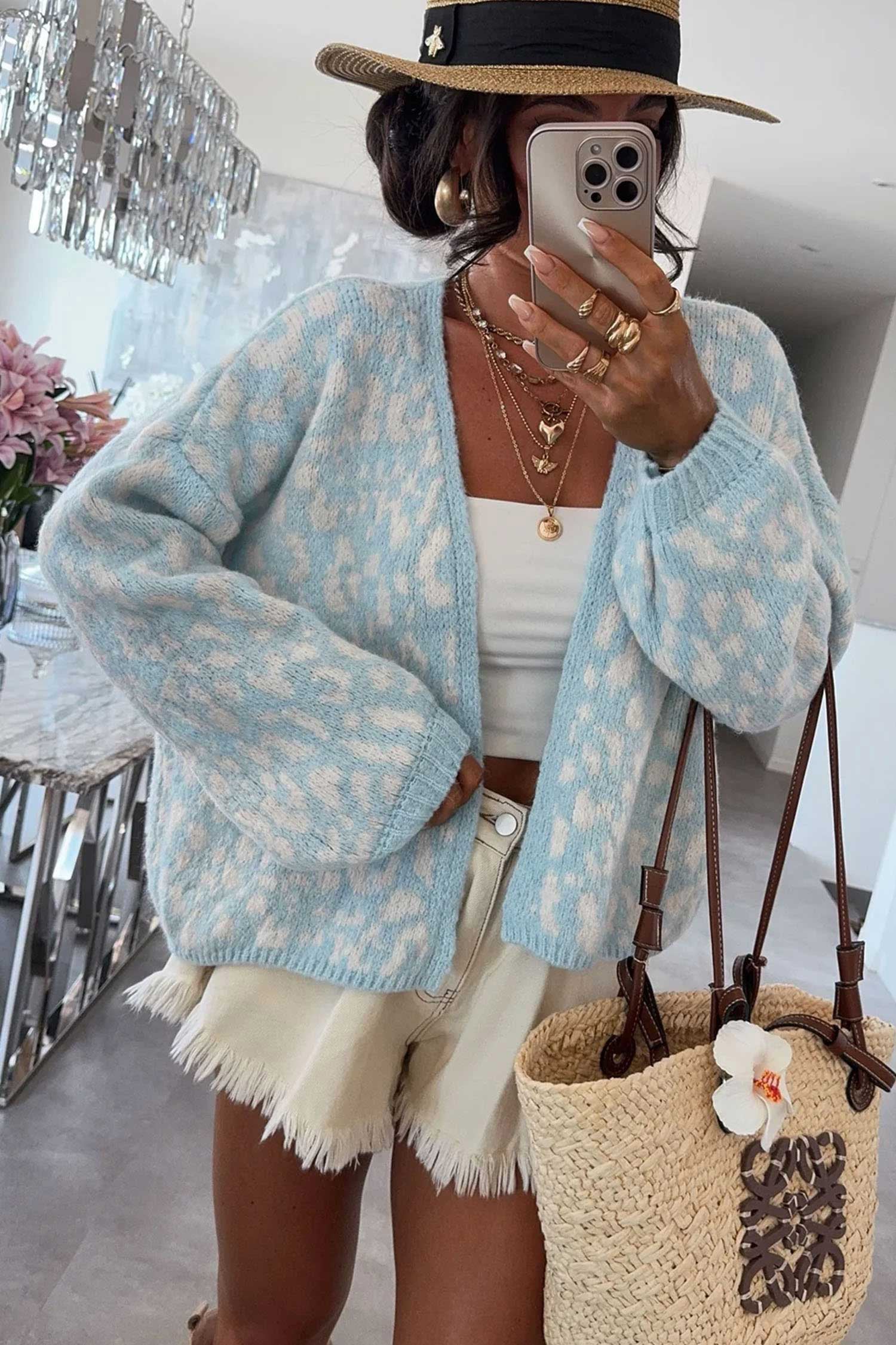 Cardigan en tricot à manches longues à motif léopard bleu clair, col en V, coupe ample