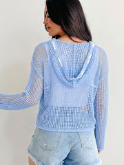 Beau Blue Hollow Out Uncinetto, maglione con la bandiera americana rattoppata, fellia - Damesmode Afbeelding 2 - Miniatuur