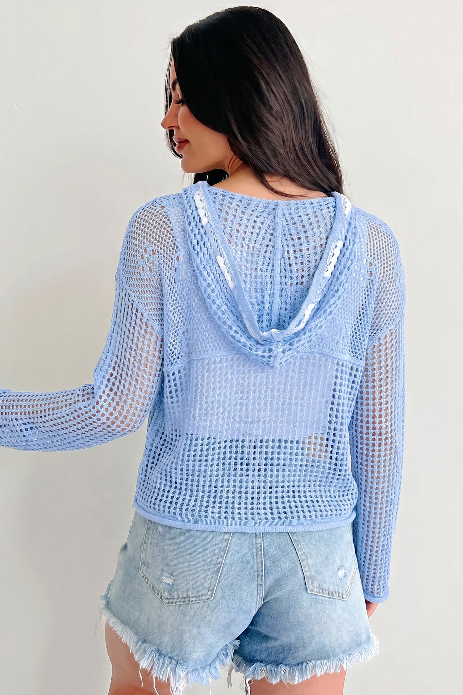 Beau Blue Hollow Out Crochet Knit American Flag Patched Sweater Hoodie - Damesmode Afbeelding 2