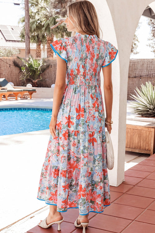 Apricot Floral Print V Neck Contrast Trim Flutter Sleeve Long Dress - Damesmode Afbeelding 2