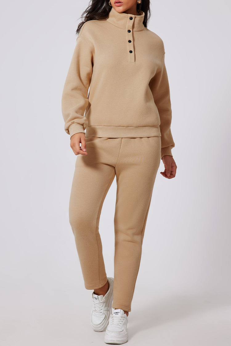 Parchment Solid Half Button Sweatshirt and High Waist Sweatpants Set - Damesmode