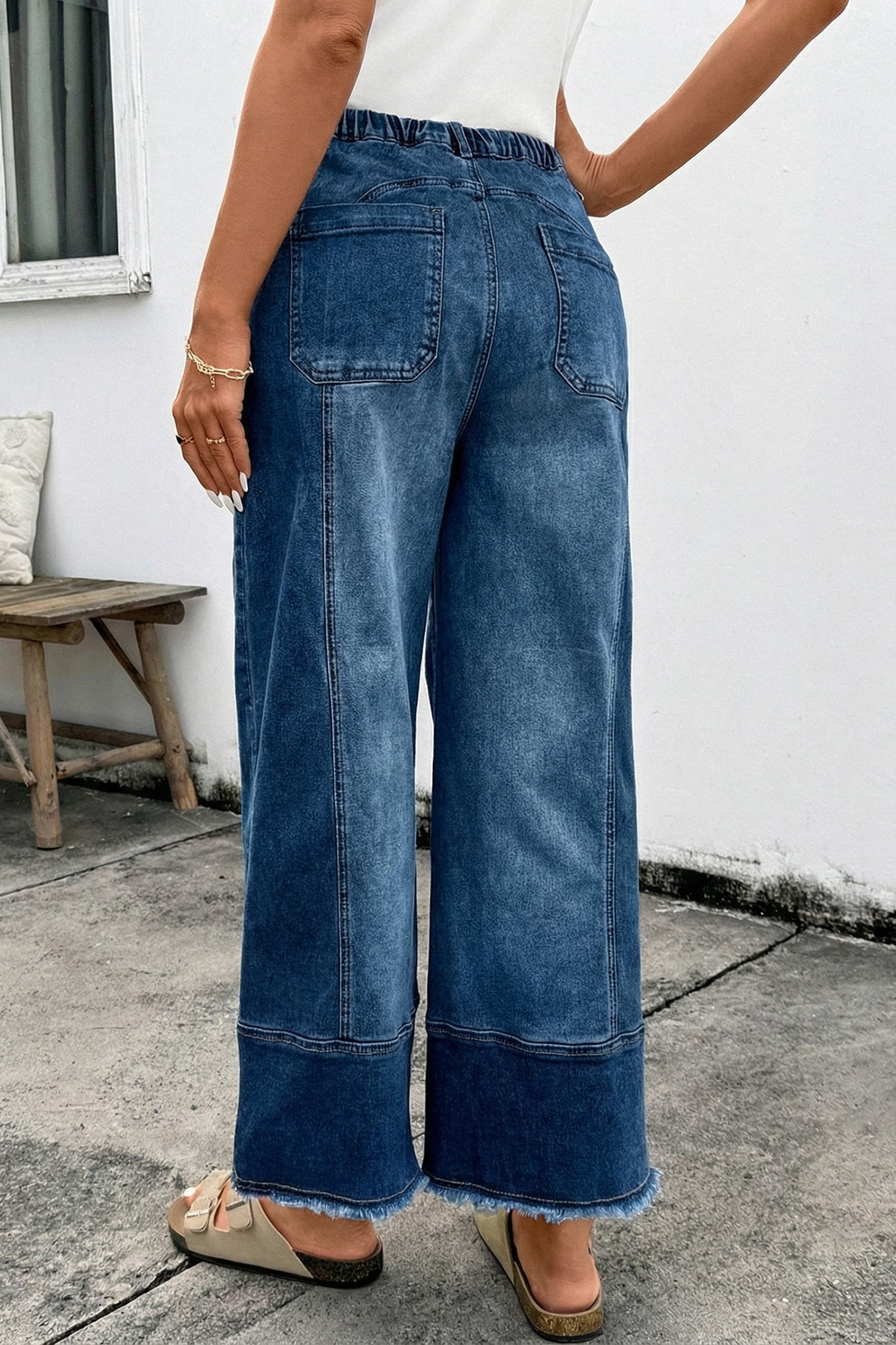 Beau Blue Drawstring Seam Detail Raw Hem Wide Leg Denim Pants - Damesmode Afbeelding 5