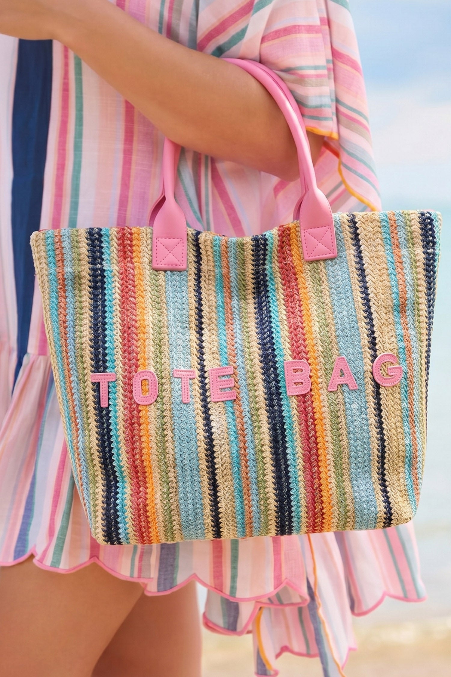 Sachet Pink Bohemian Straw Crochet, gewebte Tragetasche