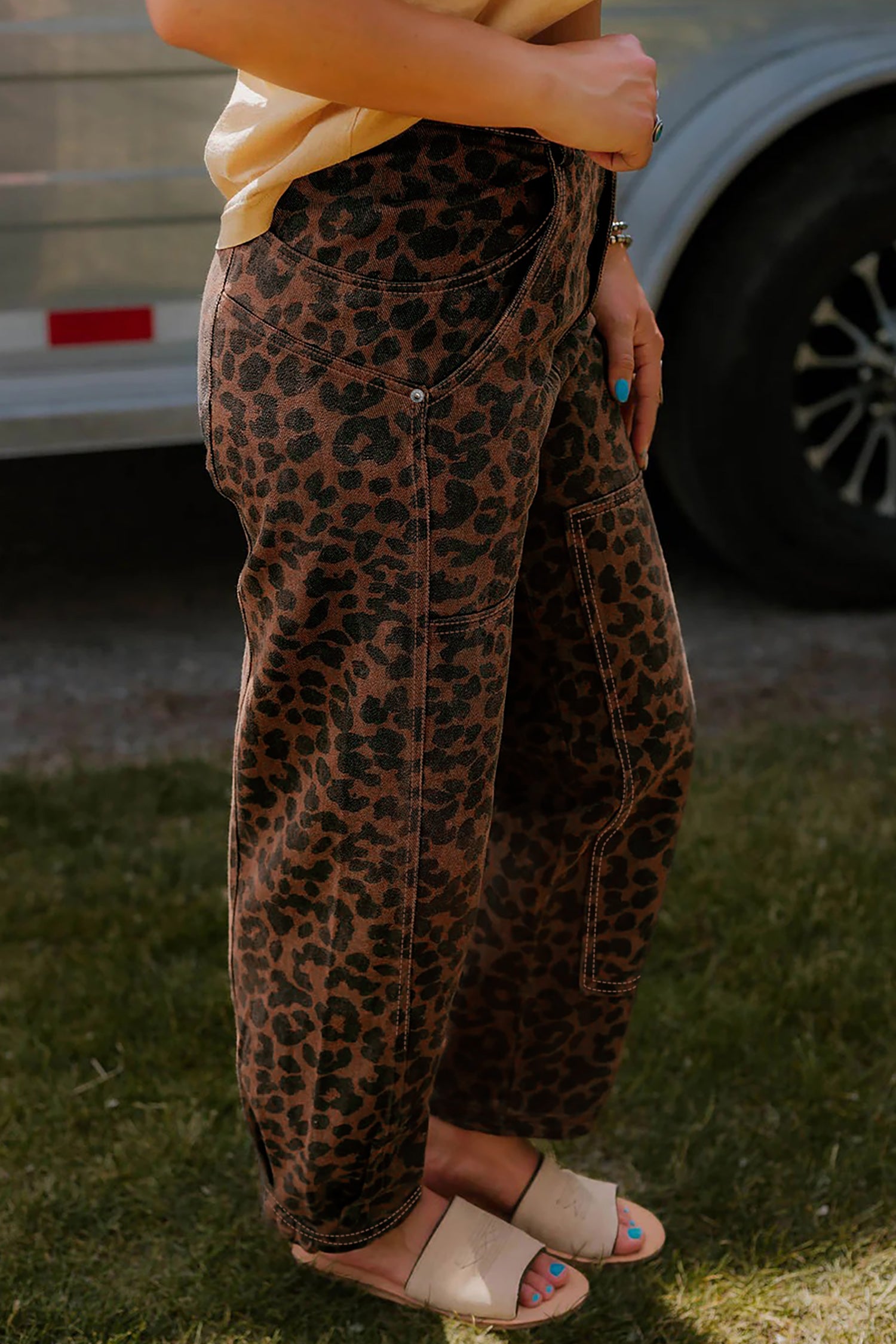 Brown Clear Seam Detail Patchwork Leopard Print Barrel Jeans - Damesmode Afbeelding 4