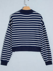 Blauw Stripe Textured Gebreid Half Zip Collared met Lange Mouwen Top - Miniatuur